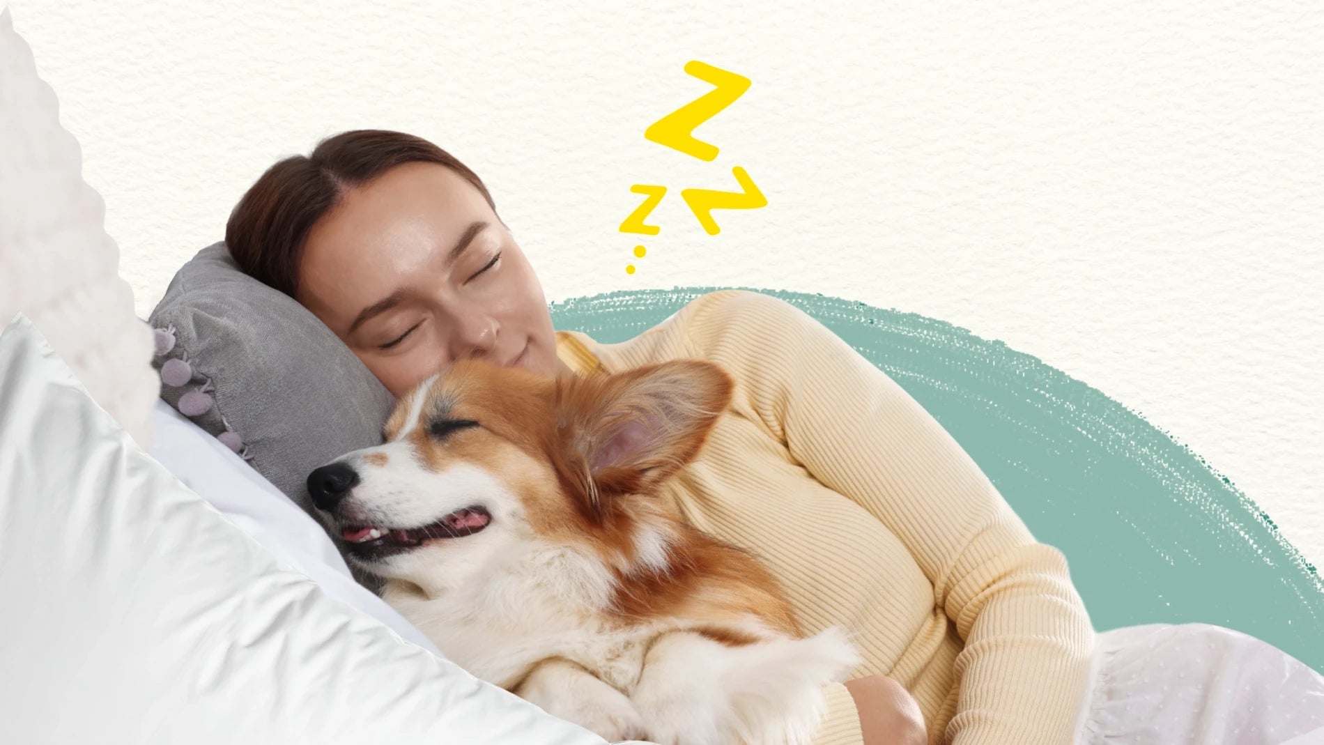 Woman lying on a bed with a dog, both resting