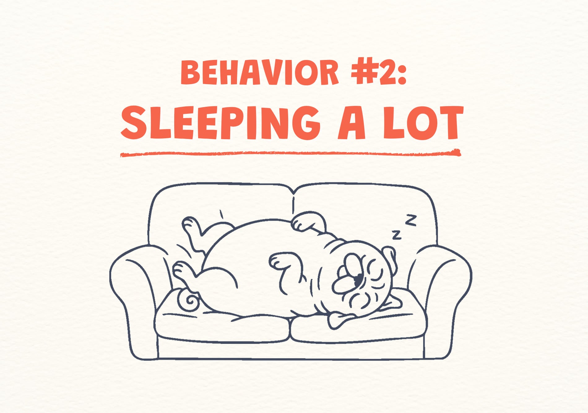 Illustration of a dog sleeping on a couch with text 'BEHAVIOR #2: SLEEPING A LOT'